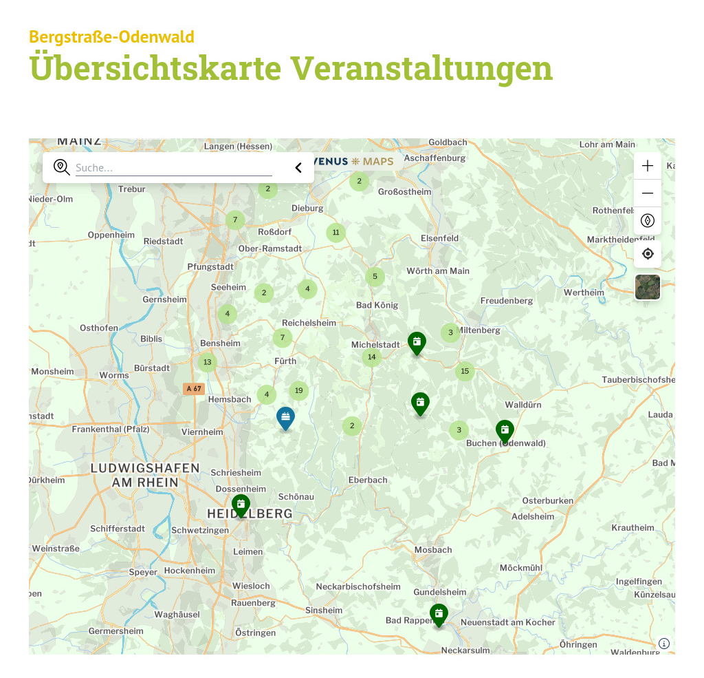 Venus Maps mit einigen Veranstaltungen der Bergstraße Odenwald